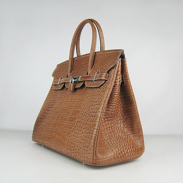 High Quality Fake Hermes Birkin 35CM Crocodile Veins Leather Bag Light Coffee 6089